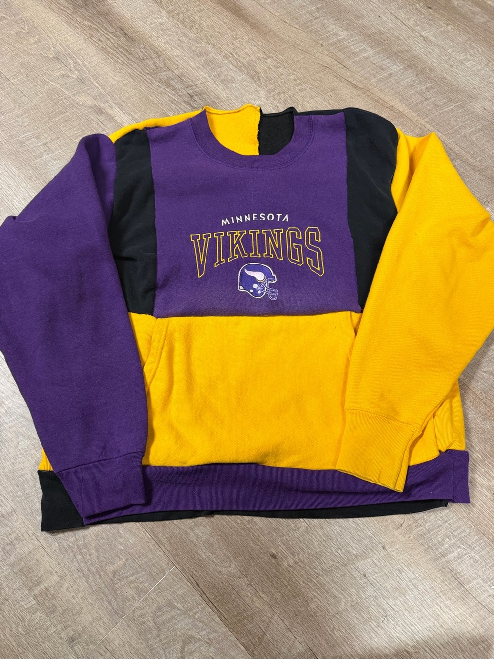 Handmade Patchwork Minnesota Vikings NFL Crewneck Sweatshirt - Purple & Gold